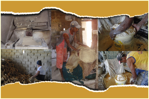 Mosaico de fotos retratando trabalhadores e trabalhadoras nas casas de farinha. As fotos estão no meio da imagem em uma moldura com fundo mostarda em cima e emabaixo.