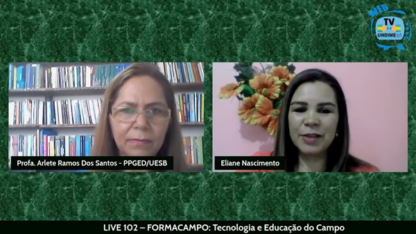 Captura de tela com dois retângulos, em cada um a imagem de uma mulher participando de encontro virtual. 